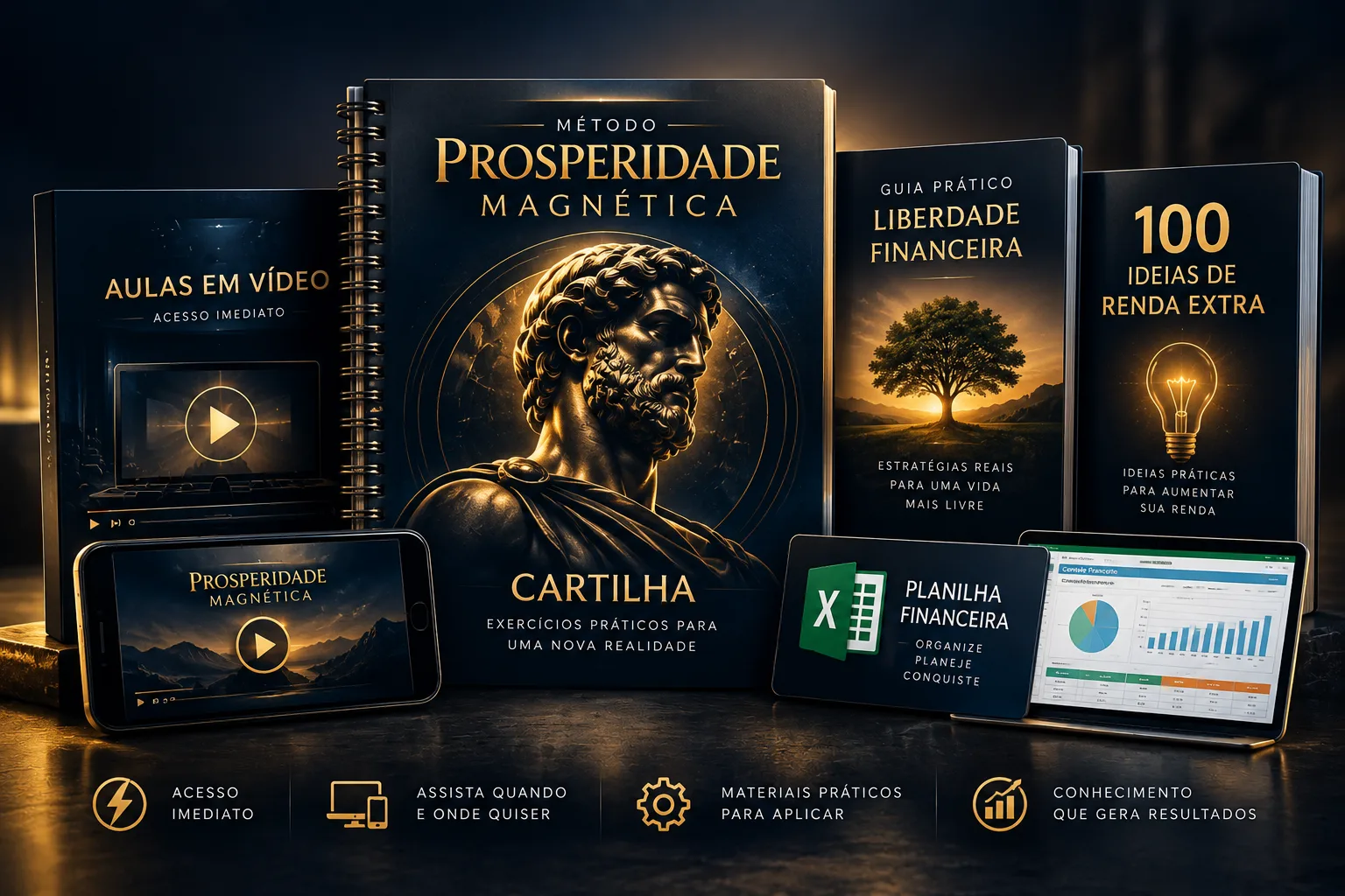 Conjunto do Método Prosperidade Magnética: aulas em vídeo, cartilha, guia de liberdade financeira, 100 ideias de renda extra e planilha financeira