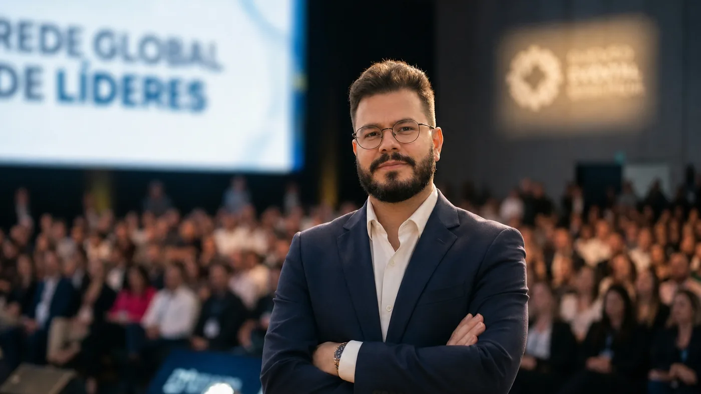 Fabricio Assoni de terno, braços cruzados, diante do público em um evento