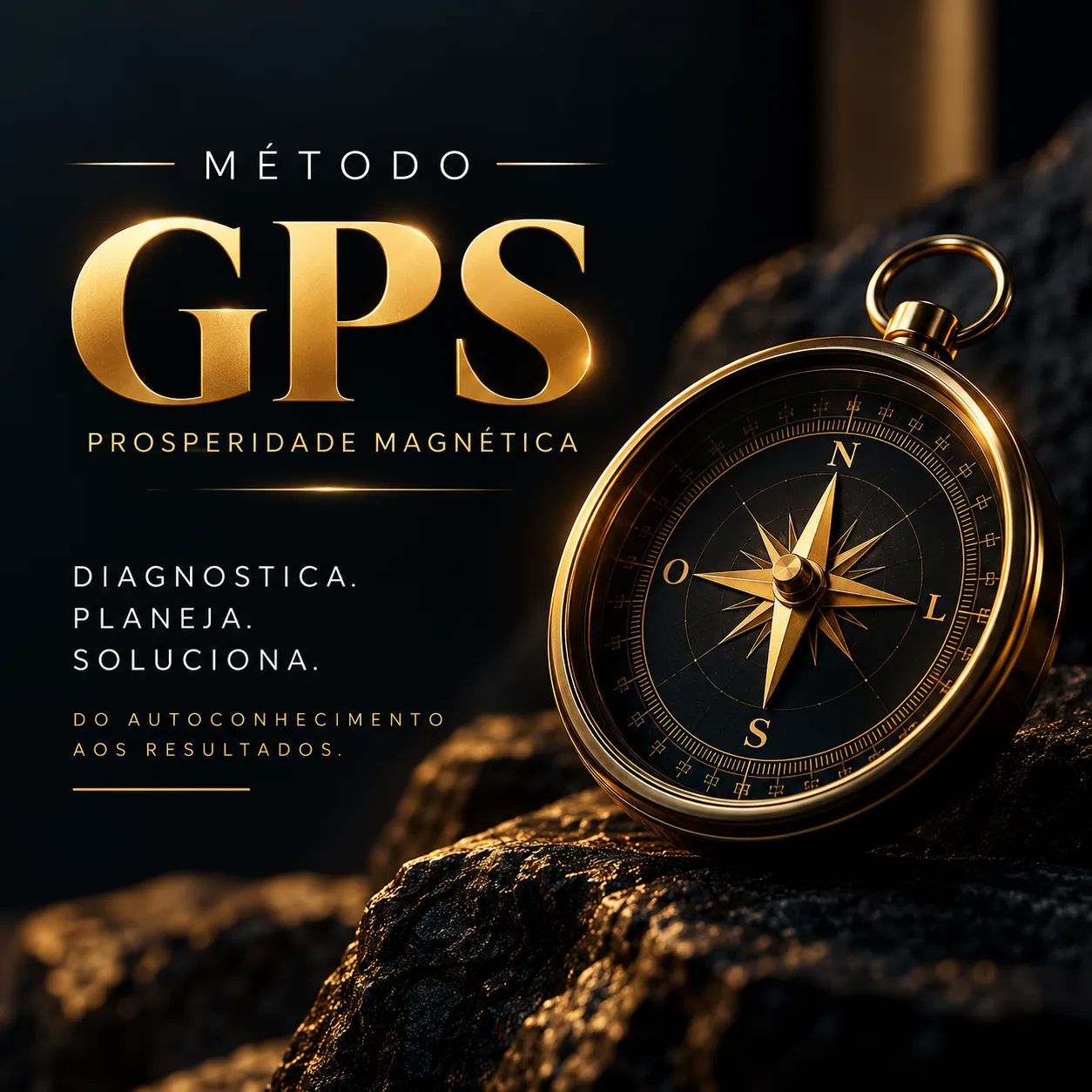 Bússola dourada sobre pedra escura representando o Método GPS da Prosperidade